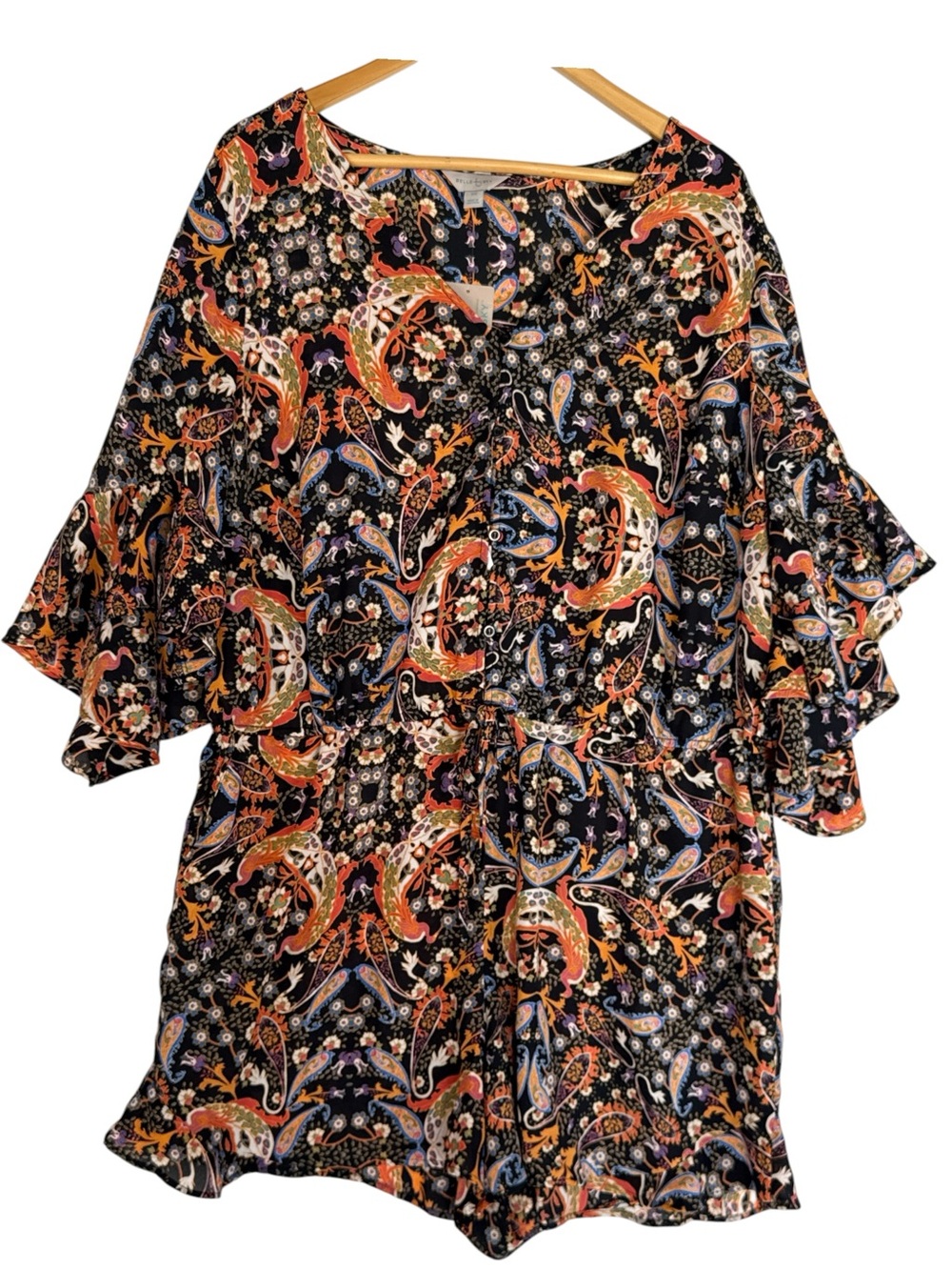 Belle & Sky multicolor paisley romper tiered bell sleeves button front 1X NWT